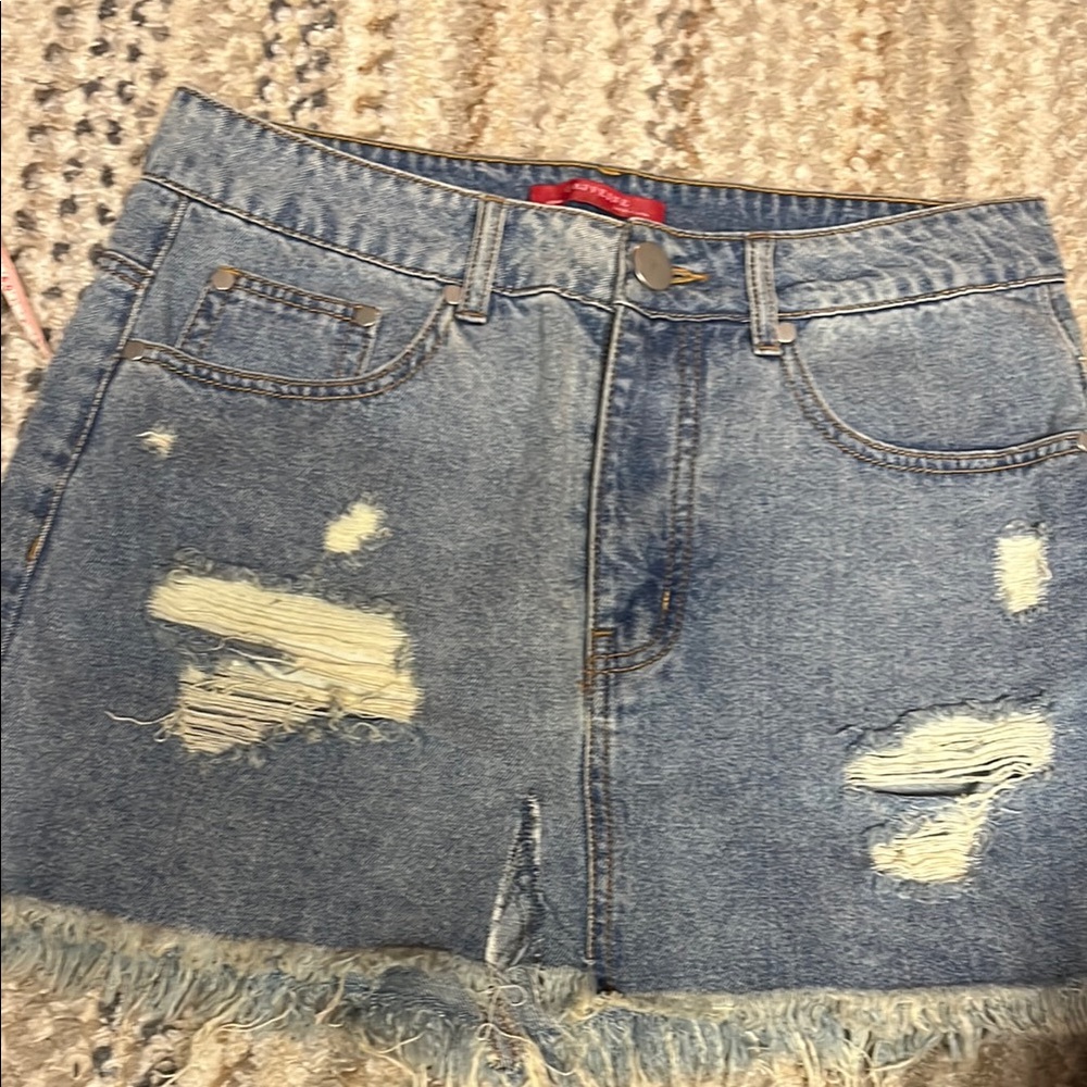Denim Skirt Distressed Caffeine Sz Medium Light Blue Wash Fringed 100% Cotton
